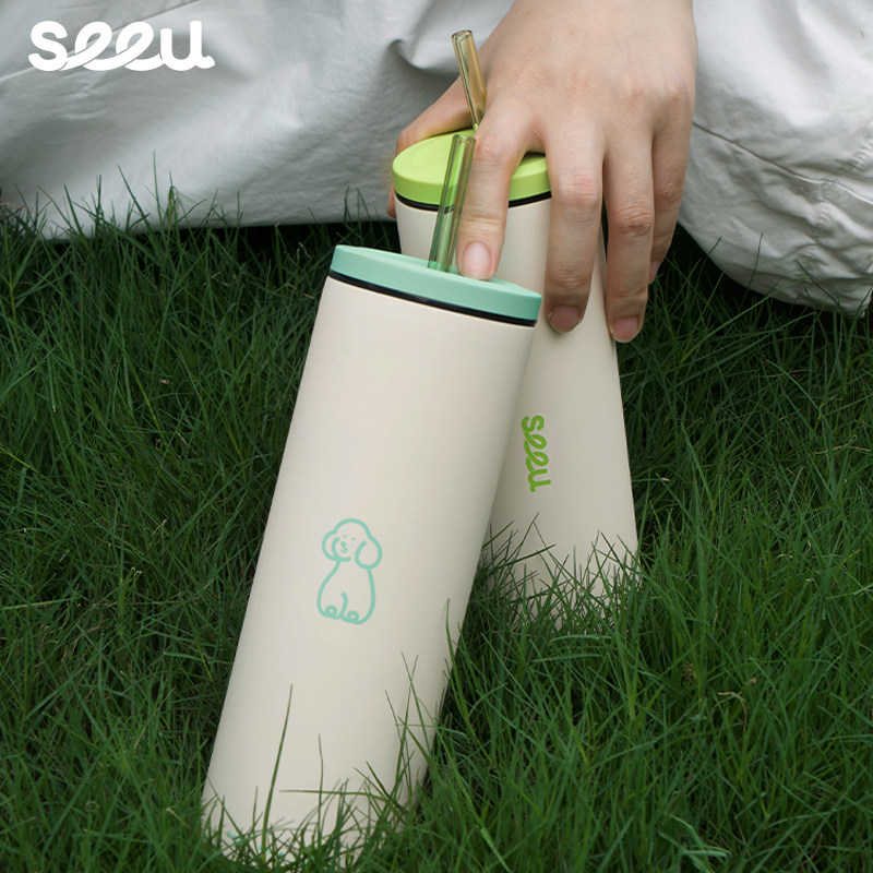 seeu漫游杯小狗吸管杯304不锈钢杯子情侣保温杯随行水杯600ml - 图2