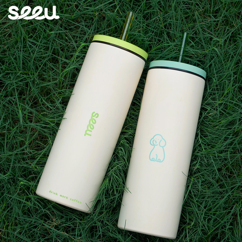 seeu漫游杯小狗吸管杯304不锈钢杯子情侣保温杯随行水杯600ml - 图0