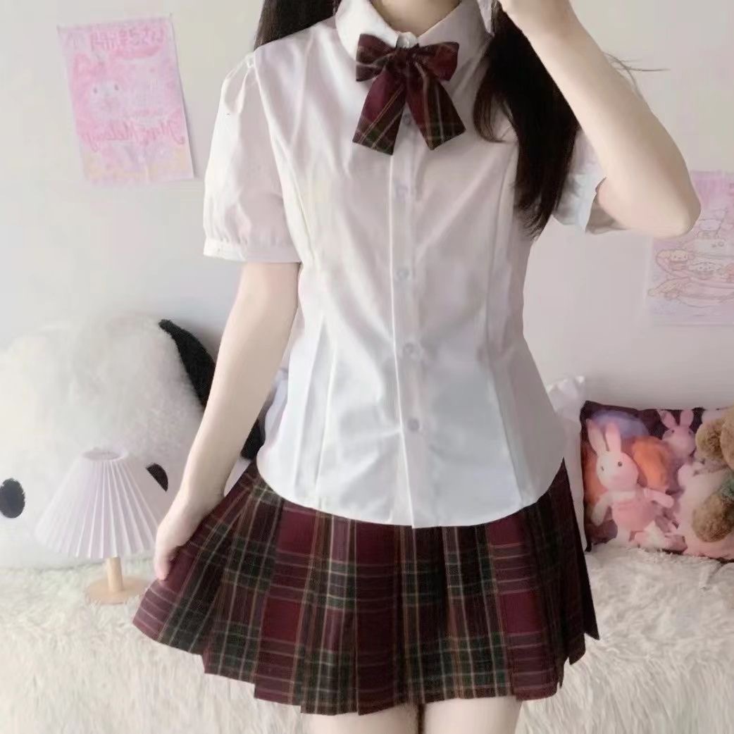 jk制服收腰衬衫上衣女短袖原创夏季学院风泡泡袖白色衬衣jk套装女-图0