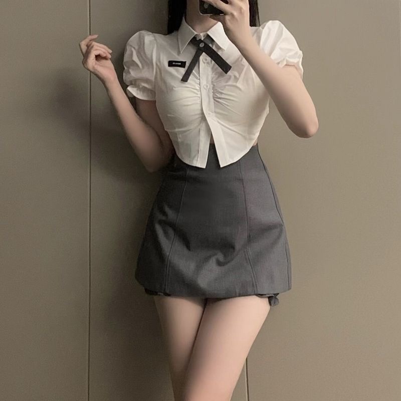 甜辣炸街学院风JK制服套装女泡泡袖衬衫春季半身裙纯欲裙子两件套 - 图0