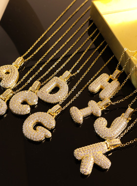 跨境项链新款26个英文小胖字母铜镶嵌锆石轻奢小众设计高级感配饰