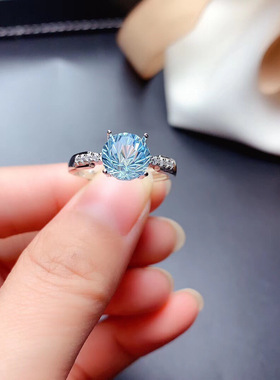 直播新款经典牛头款仿进口莫桑钻戒指 pt950蓝托帕烟花切开口戒指
