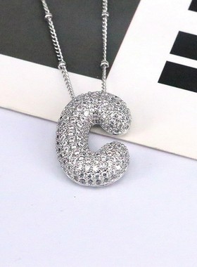 跨境热销铜镶锆石时尚个性银色胖乎乎满钻气泡26英文字母吊坠