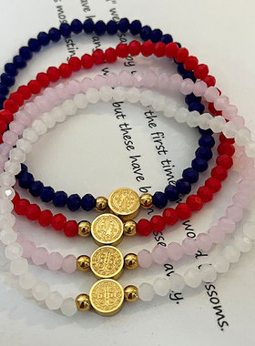 新品手工串珠双面双面老人头圆牌不锈钢手链女多款彩珠红色手饰品