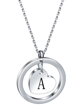 304不锈钢26个字母圆形镂空爱心首字母项链 名字刻字情侣礼物项链