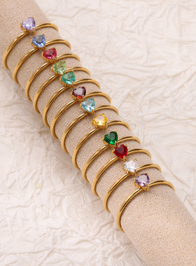 欧美轻奢爆款12色生日石诞辰石桃心锆石戒指不锈钢18K镀金戒女