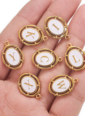 不锈钢椭圆白色滴油字母吊坠 A-Z六边形字母坠饰 DIY饰品配件吊坠