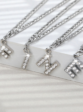 欧美跨境 简约微镶锆石不锈钢链条字母情侣手链26英文字母吊坠手
