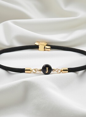 欧美风男女通用可调节A-Z英文字母手绳黑色贝壳镀金初始字母手链