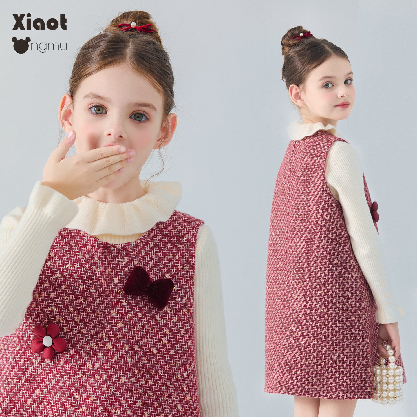 小童木 甜美小香风女童连衣裙冬季新款喜庆年服女大童花朵背心裙,淘宝优惠券,粉丝福利购,淘宝优惠卷