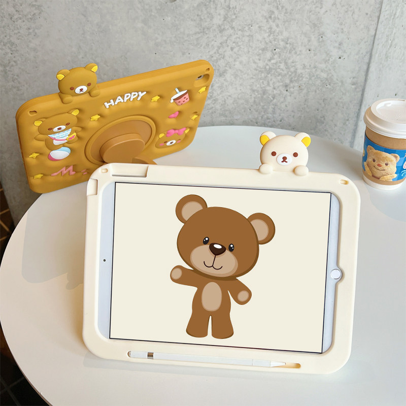 轻松熊360旋转iPadAir7保护套ipad11带笔槽iPad10可爱9代卡通适用苹果平板Pro11寸9.7air2硅胶Air543防摔软壳,淘宝优惠券,粉丝福利购,淘宝优惠卷