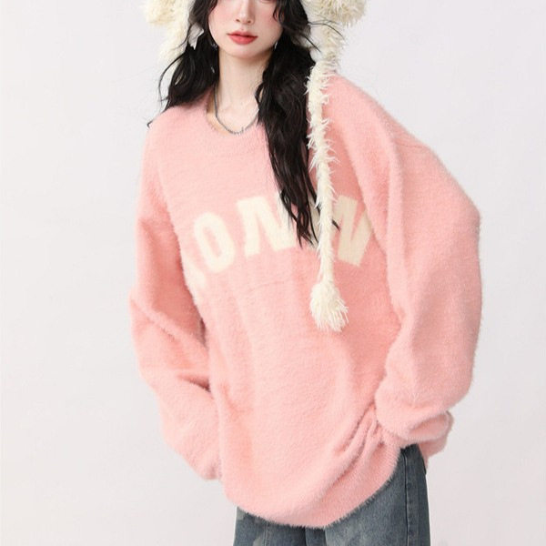 2025秋冬新款日韩甜妹复古休闲宽松软糯百搭圆领字母毛衣女长袖上,淘宝优惠券,粉丝福利购,淘宝优惠卷