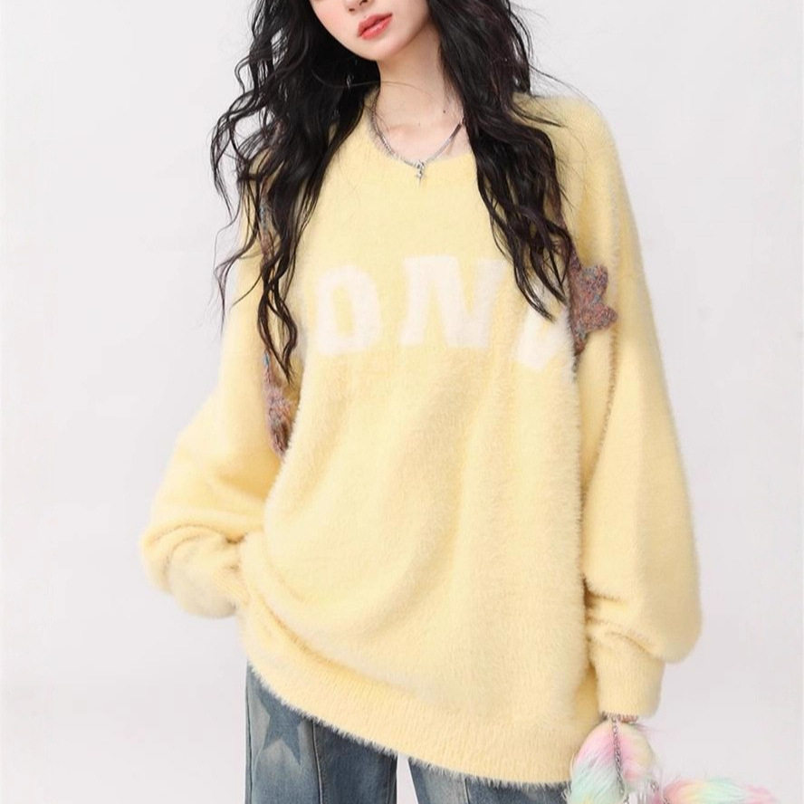 2025秋冬新款日韩甜妹复古休闲宽松软糯百搭圆领字母毛衣女长袖上,淘宝优惠券,粉丝福利购,淘宝优惠卷