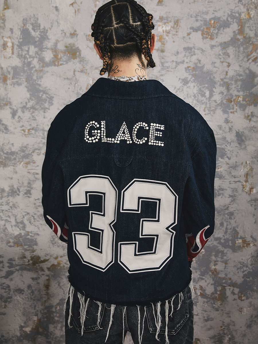 GLACIERBOY 24SS FLAME PATCHWORK DENIM JACKET火焰拼皮牛仔夹克-图1