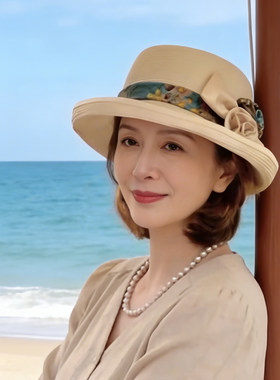 2026新款绸缎花朵草帽子女夏季遮阳帽复古轻奢名媛气质沙滩太阳帽