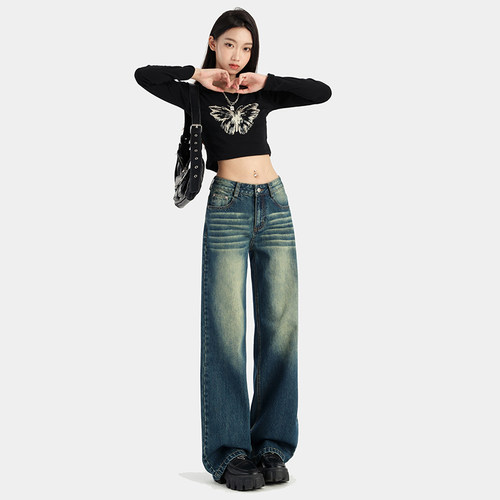 VWYZ小个子高腰显瘦宽松阔腿拖地牛仔裤2024美式复古直筒裤女秋冬 - 图1