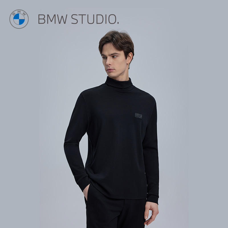 【高领】BMW Studio宝马男装2024早春新款保暖羊毛混纺长袖T恤男 - 图0