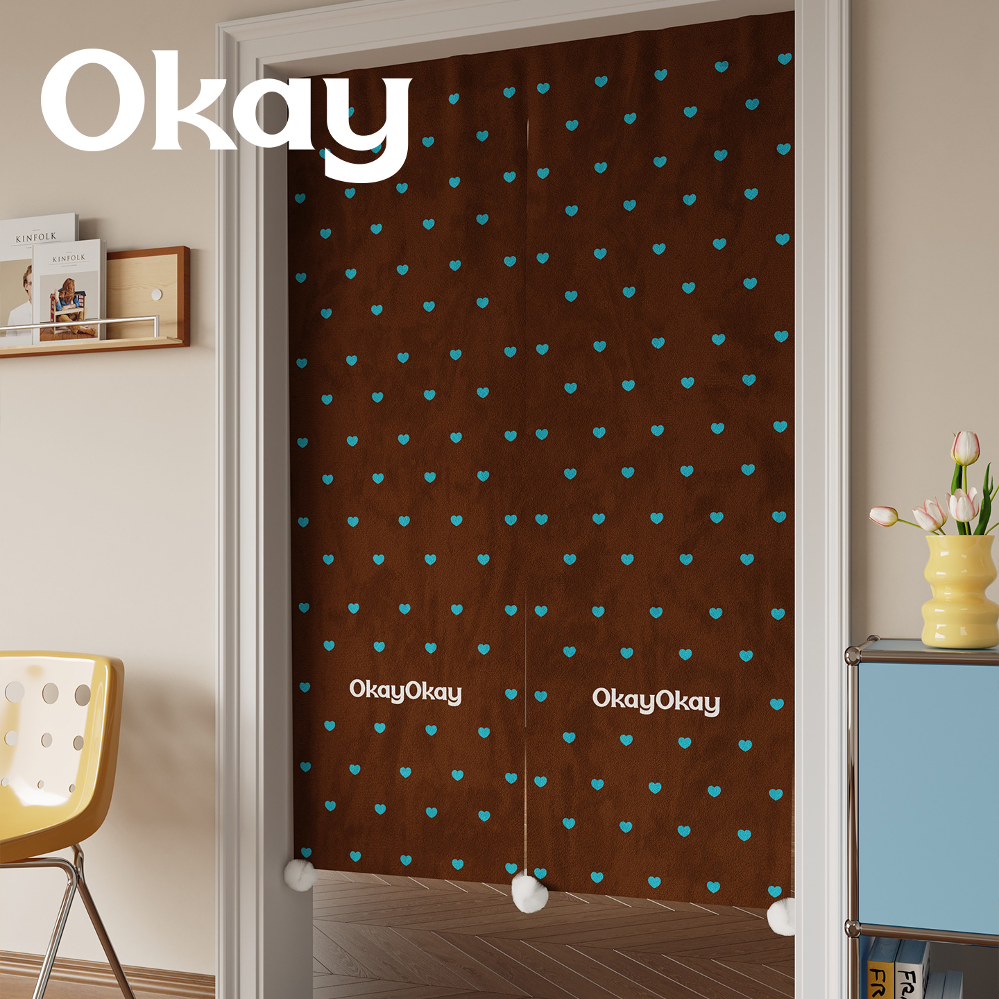 okay爱心礼物门帘韩系毛球遮挡帘厨房防油烟半开卧室免打孔隔断帘 - 图1