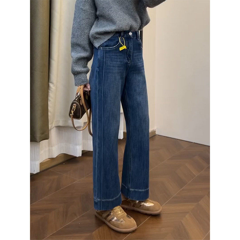 蓝色直筒牛仔裤女秋冬加绒大码梨形身材高腰弹力显瘦九分阔腿裤子,淘宝优惠券,粉丝福利购,淘宝优惠卷