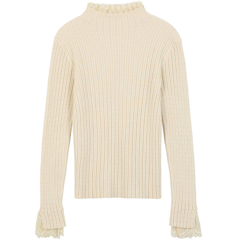 法式白色针织衫拼接蕾丝皮草内搭女秋冬显瘦半高领毛衣打底衫上衣,淘宝优惠券,粉丝福利购,淘宝优惠卷