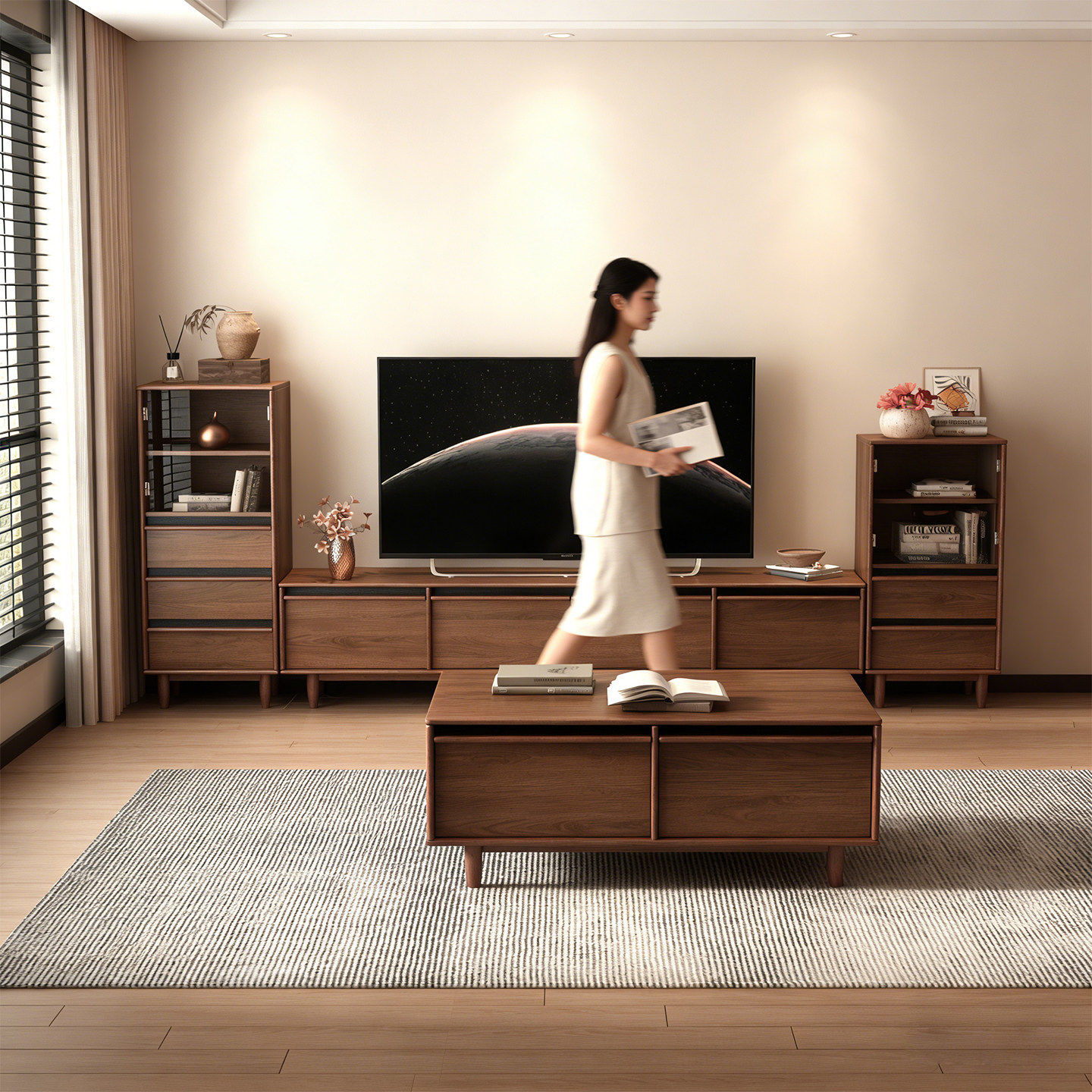 实木电视柜茶几组合柜客厅家用落地胡桃木色电视柜中古风2025新款,淘宝优惠券,粉丝福利购,淘宝优惠卷