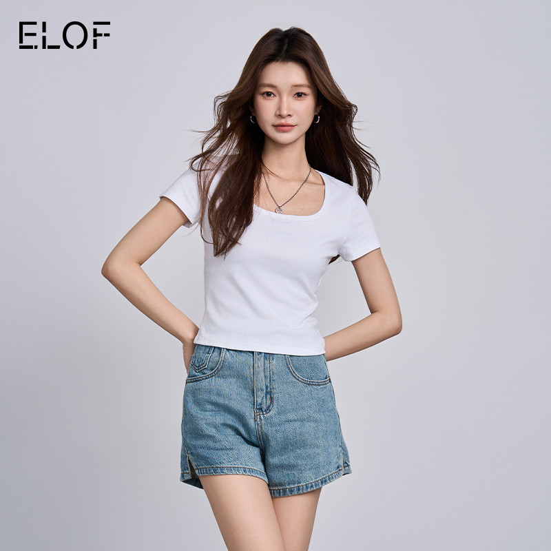 ELOF短袖T恤女U领纯色正肩打底衫内搭不透基础款通勤百搭显瘦上衣