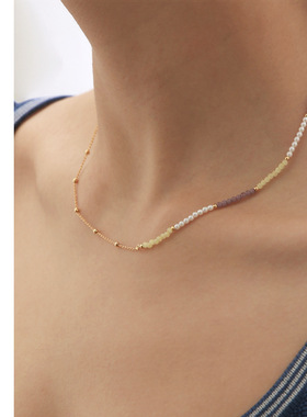 ins温柔猫眼石珍珠紫色项链镀金