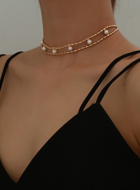 复古法式双层珍珠链条choker女