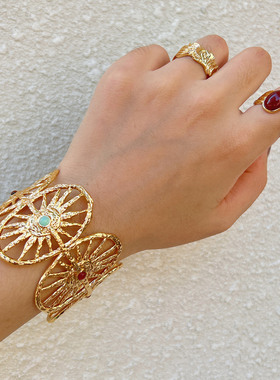 【新品】莓拉「北非旧梦」虎眼石法式复古美拉德镂空手镯女开口镯