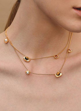 莓拉「三色石」琥珀鎏金色虎眼石蛇骨链彩宝锁骨链原创小众项链女
