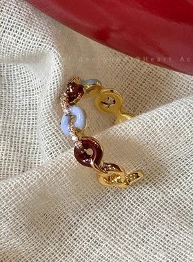 精致滴釉彩色戒指女网红甜甜圈几何S925镀银开口指环个性食指戒潮