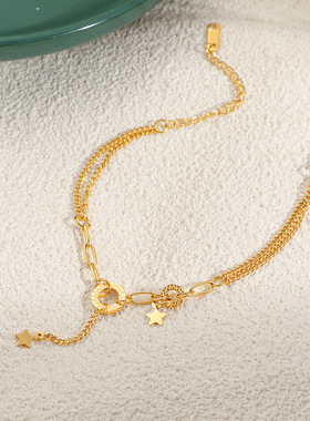 中古金色碎碎冰圆环手链小众双层古巴链星星流苏吊坠手饰