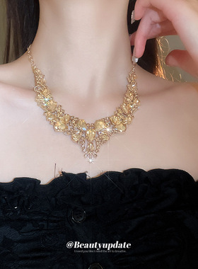 跨境超闪镶钻水滴项链耳环套装复古小众高级感锁骨链时尚轻奢饰品