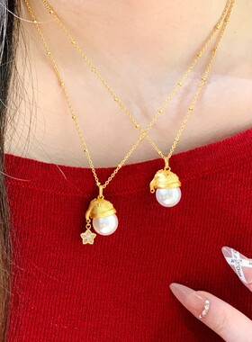 法式轻奢复古拉丝珍珠圣诞帽星星项链小众精致名媛风高级感锁骨链