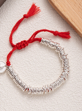 国潮盘缠碎银手串黄财神手工棉绳手链可调节平安手绳招财开运手饰