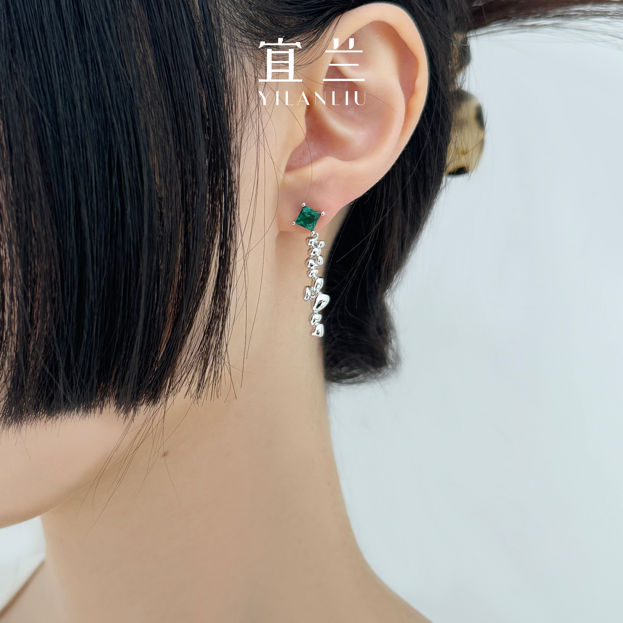 宜兰珠宝多肉绿耳钉不对称小众设计高级耳环耳饰个性流苏原创