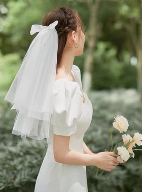 头纱白色蝴蝶结新娘领证登记求婚用轻小头饰简约高级感头花发夹卡