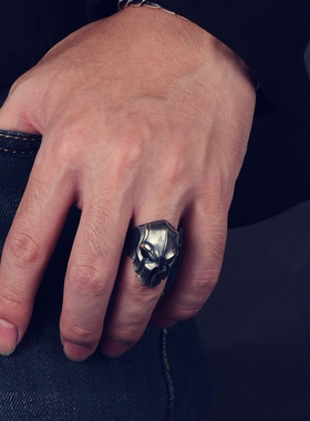 泰银斯巴达戒指男单身戒复古潮牌个性骷髅指环开口戒手工饰品