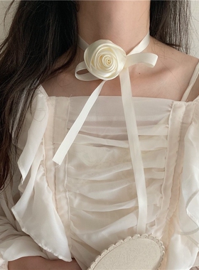 玫瑰花绑带项链女2023年新款网红法式点缀配饰项圈设计感小众