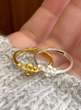 S925纯银拉丝鸢尾花戒指女中古风