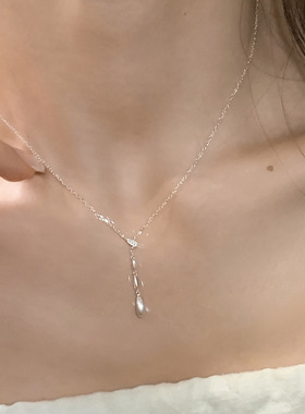 S925纯银拉丝工艺水滴流苏项链女