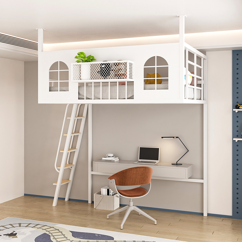 省空间loft铁艺高架床吊床小户型阁楼床单上层公寓上床下空悬空床 - 图3