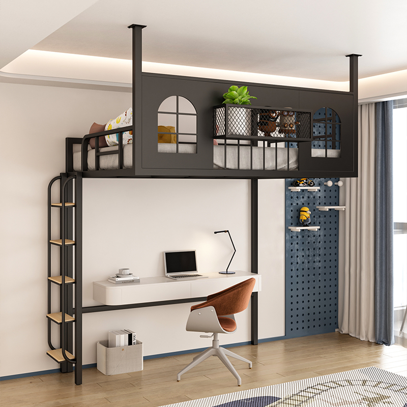 省空间loft铁艺高架床吊床小户型阁楼床单上层公寓上床下空悬空床 - 图1
