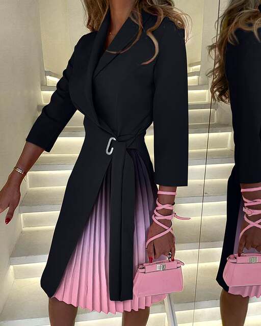 European commuter OL orange gradient tie-dye strap waist pleated mid-length three-quarter sleeve dress DRESS