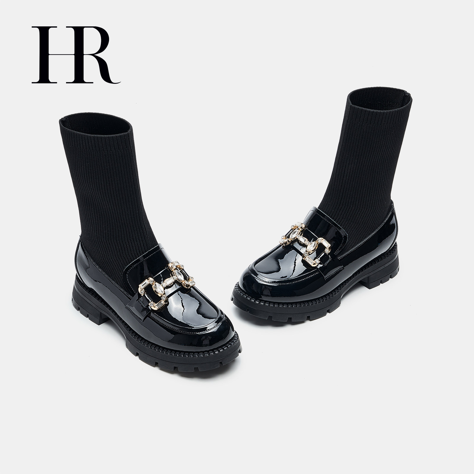 HR赫莲娜女鞋子2025冬季新款袜靴粗跟时尚中筒弹力靴显瘦舒适保暖,淘宝优惠券,粉丝福利购,淘宝优惠卷