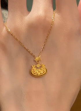 金色莲花平安锁吊坠项链女高级感
