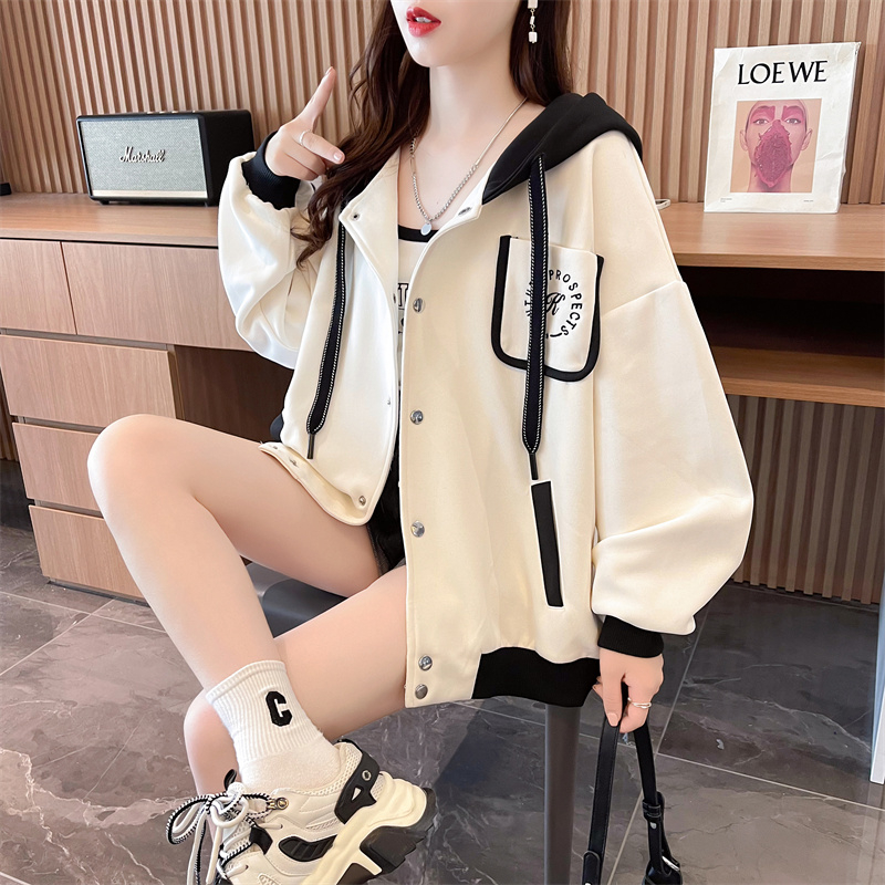春秋爆款开衫撞色外套女秋冬加绒胖mm大码oversize欧货连帽卫衣潮 - 图1