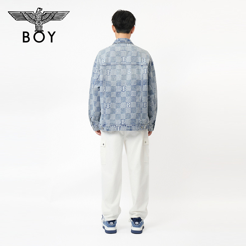 BOYLONDON浅蓝棋盘格字母提花烫钻牛仔外套2026年春季新款N50002,淘宝优惠券,粉丝福利购,淘宝优惠卷