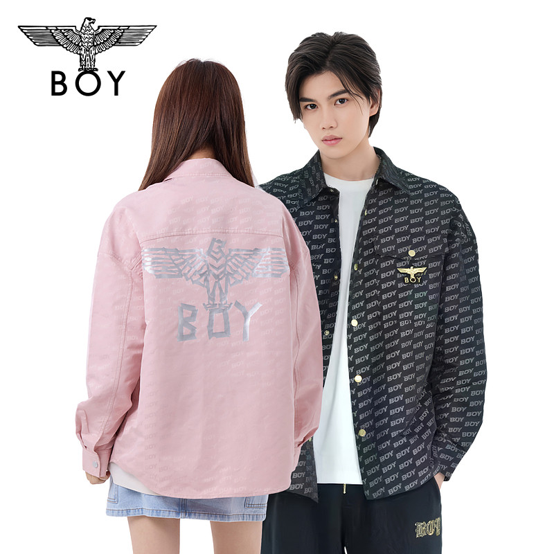 【甜粉英伦】BOYLONDON秋情侣款粉色外套满印潮流长袖衬衫N21900