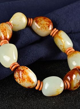 和田玉随形原石籽料红皮手串男女